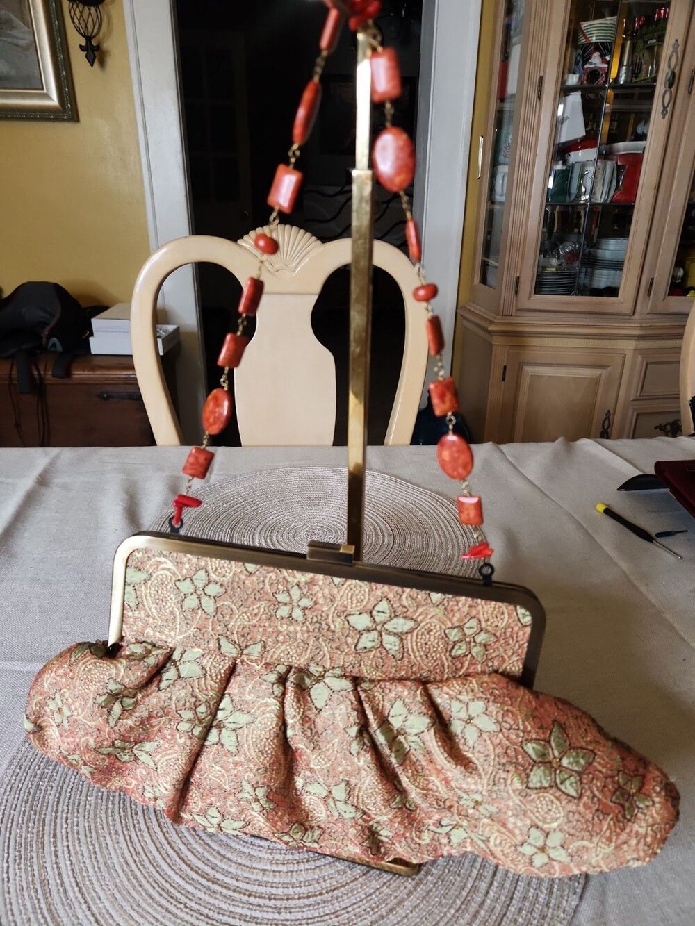 Vintage Brocade Evening Bag Floral Clutch Deep Coral
